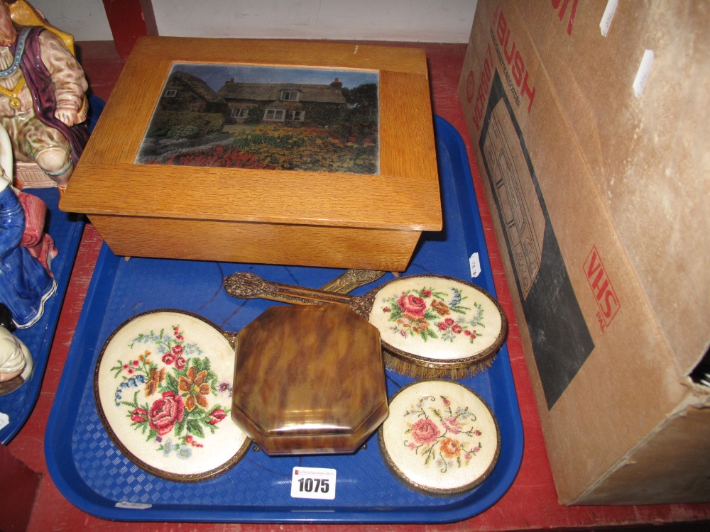 Vintage Wooden Box with Cottage Detail, petit point hand mirror and brush, trinket box etc :- One