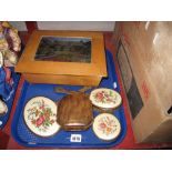 Vintage Wooden Box with Cottage Detail, petit point hand mirror and brush, trinket box etc :- One