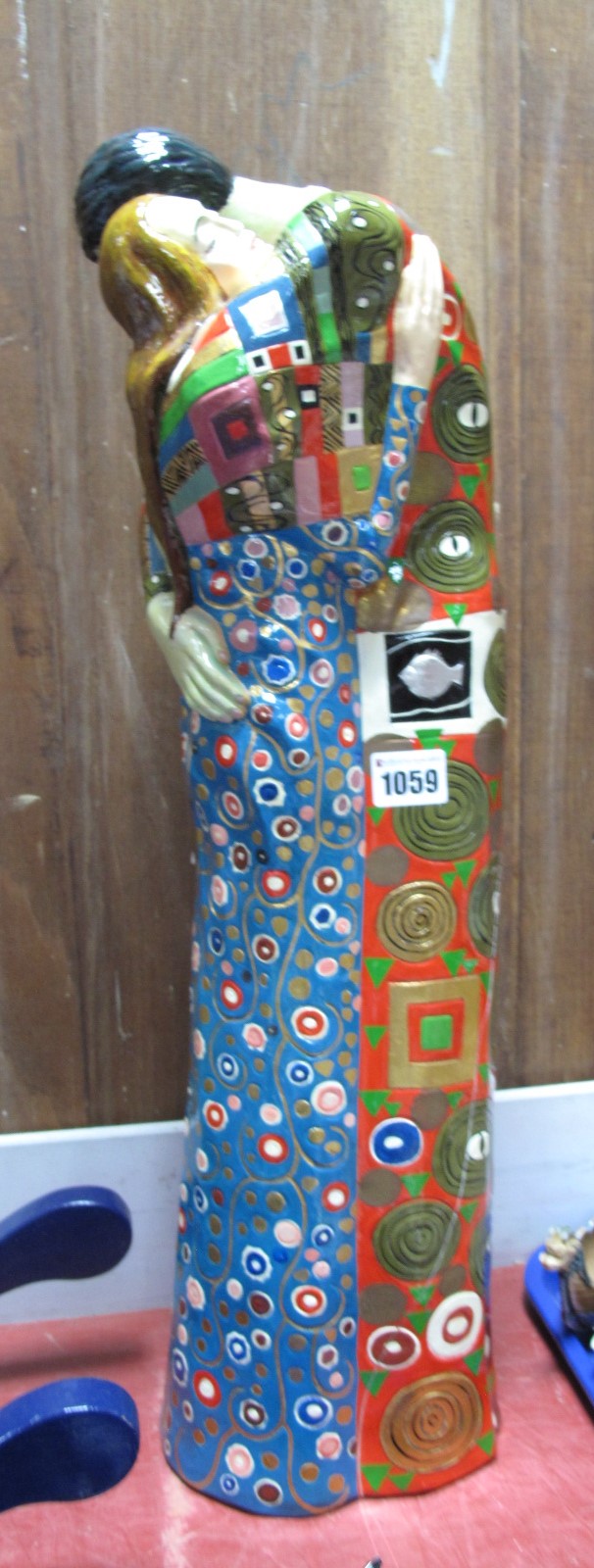 Large Pottery Figure Group of Courting Couple, in the style of Gustav Klimt, 57cm high (cracked);