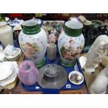 A Pair of XIX Century Painted Glass Vases, XIX Century pewter inkwell etc:- One Tray