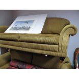 Large Two Seater Settee Upholstered In a Gold Striped Draylon.