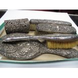 Hallmarked Silver Backed Hair Brushes, smaller brushes and a hallmarked silver bottle holder, of