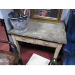 A Victorian Painted Pine Side Table, rectangular top and two frieze drawers (one cutlery), on square