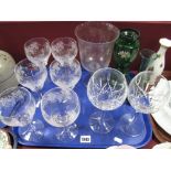 Etched Celery Glass Vase, two Waterford Crystal and other drinking glasses, etc:- One Tray