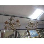 Pair of Gilded Five Branch Ceiling Lights, plus two pairs of similar wall lamps.