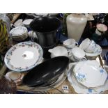 Paragon China Tea Service, black Wedgwood urn with shell handles, flower bowl, cake pedestal etc:-