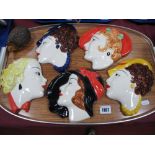 Five Moorland Pottery Art Deco Style Wall Masks of Ladies Heads:- One Tray