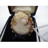 A 9ct Gold Oval Shell Carved Cameo Brooch, depicting female profile, collet set within ropetwist