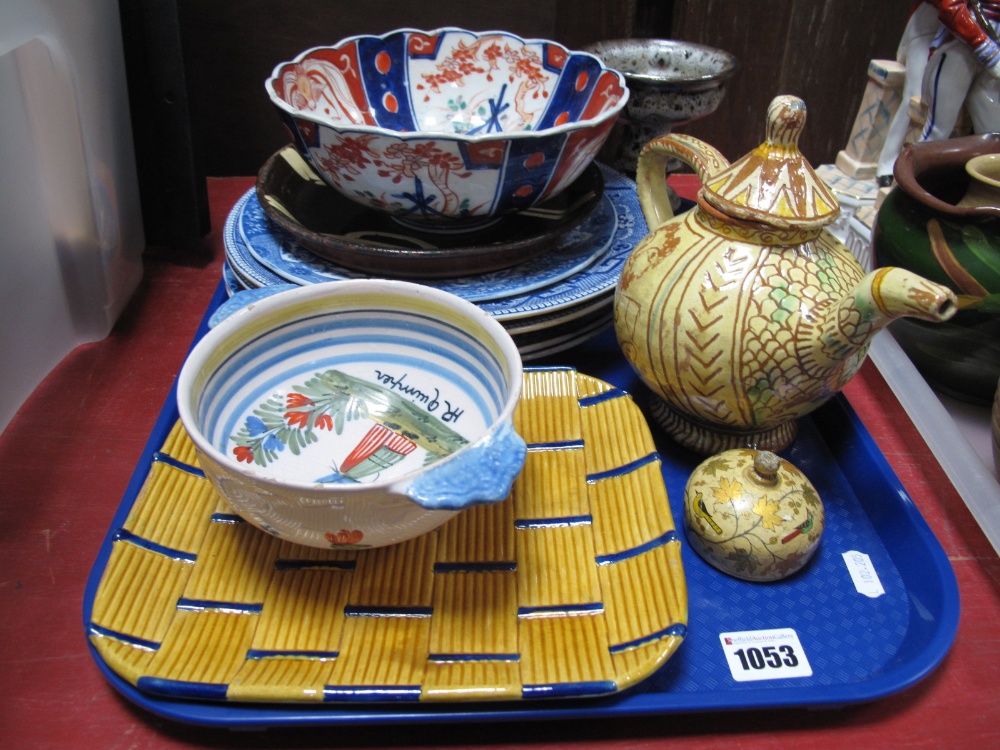 A XIX Century Minton Majolica Basket Ware Dish, Quimper bowl, Copeland Spode plates, etc:- One Tray