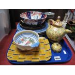 A XIX Century Minton Majolica Basket Ware Dish, Quimper bowl, Copeland Spode plates, etc:- One Tray