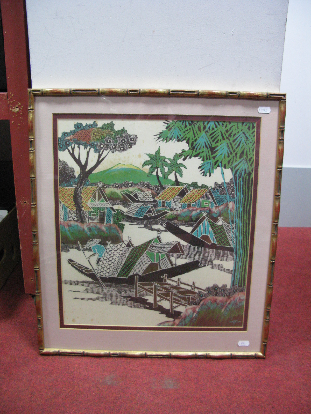 Two South East Asian (?) Souvenir Prints, on material, depicting rural life, (each 44.5 x 40cm ), - Image 8 of 10