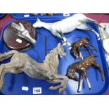 Three Beswick Pottery Horses, (damages), white metal horse head on mount, resin example:- One Tray