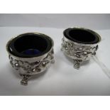 A Pair of Victorian Hallmarked Silver Salts, each with removable blue glass liner, detailed in