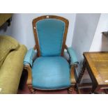 XIX Century Walnut Armchair, with upholstered back, arms, seat, shaped arms, on turned and reeded