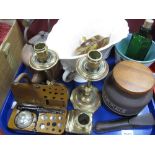 Jewellers Scales, magnifying torch, brass candlesticks, copper kettle, etc:- One Tray