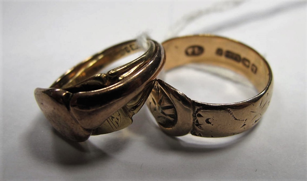 A 9ct Gold Belt Buckle Design Ring, together with two 9ct gold signet style rings. (3)