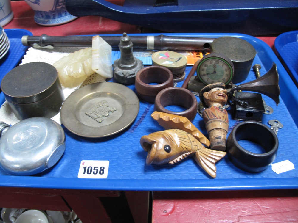 Whisky Flask, napkin rings, pill box etc:- One Tray