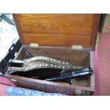 A Mahogany Box Full of Collectable Items, including a Victorian ebony case, bellows, clock case,