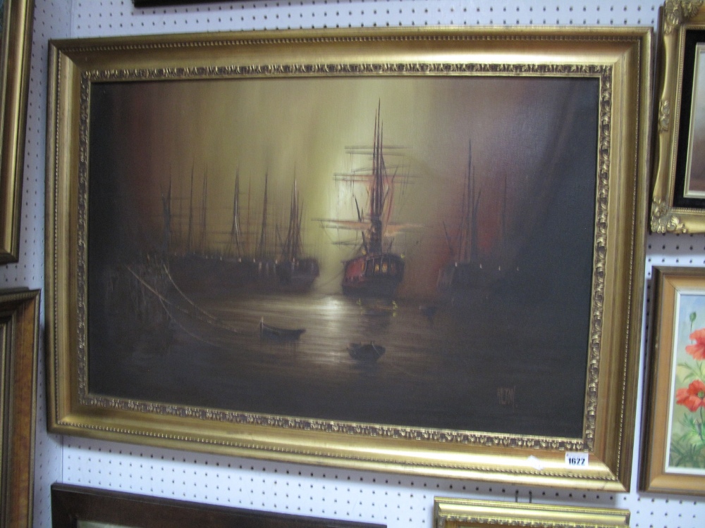Barry Hilton, Galleons Docked at Moonlight, oil on vanvas 50 x 75cm signed lower right, Robert