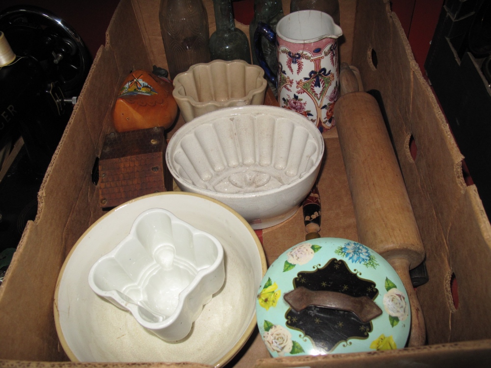 Pottery Jelly Moulds, rolling pins, glass bottles, etc:- One Box