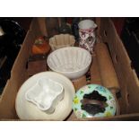 Pottery Jelly Moulds, rolling pins, glass bottles, etc:- One Box