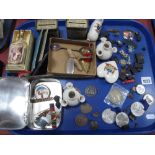 Two Rodgers Razor Blade Tins, crested ware, medals, Standard Rennen badge etc:- One Tray