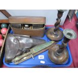 A Leather Gun Holster, two knives, oak candlesticks, travelling set:- One Tray
