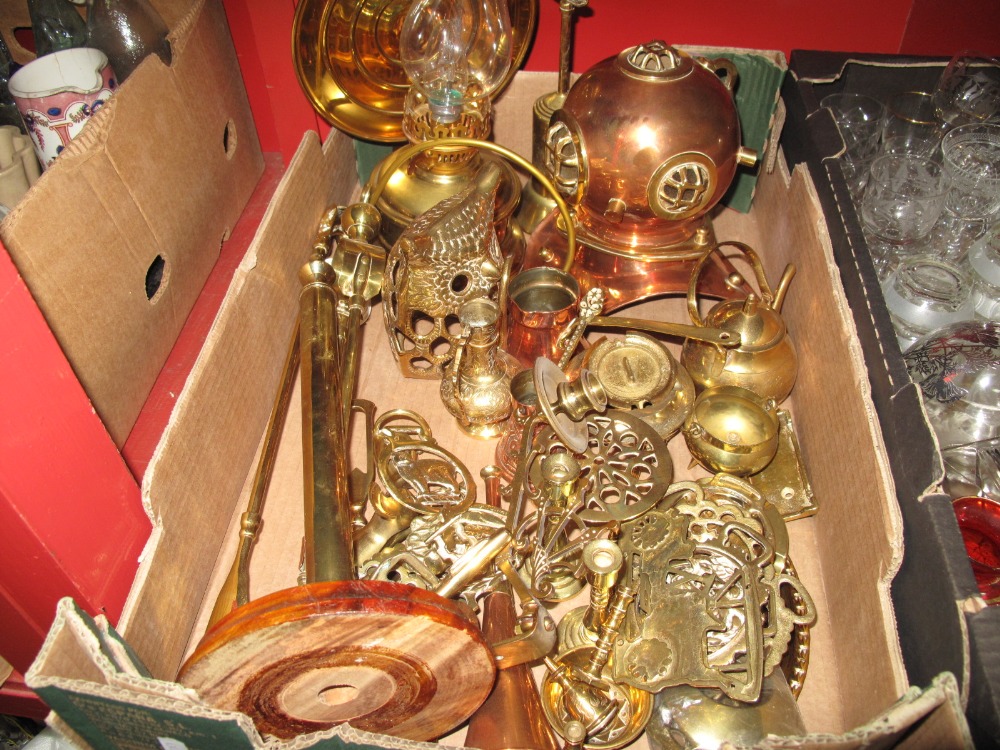 Oil Lamp, Binnacle type lamp, other brass and copper ware:- One Box