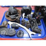 Ebony Elephants, three hardwood monkeys, terracotta African figures, etc:- One Tray