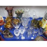 Carnival Glassware, handkercheif vase, Hyacinth vase, wines, etc:- One Tray