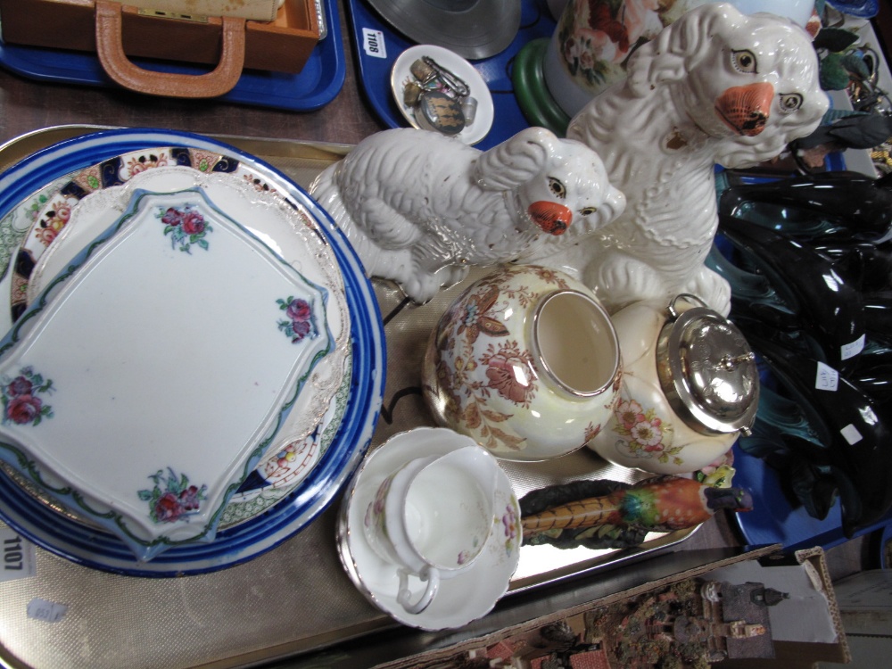 Royal Band Biscuit Barrel, Mailing vase, Staffordshire dogs, plates, etc.