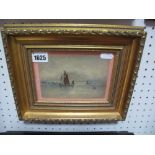 Small Watercolour, circa 1900, Tranquil Shipping Scene, 10 x 14.5cm; Sheffield print, oval wall