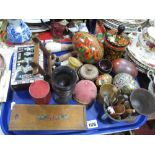 Treen Dice Shaker, pin cushion, decorative eggs, glass measure in morocco case, etc:- One Tray