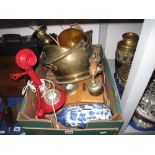A Brass Coal Scuttle, blue and white piggybank, brass table lamp in the form of an oil lamp,