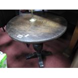 Oak Corner Table with Circular Top, on carved cup and cover support, six plated goblets.