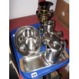 An Old Hall Stainless Steel Four Piece Tea Service, jug on stand, three other trays, Greek urn.