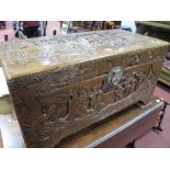 A XX Century Chinese Style Carved Camphor Wood Blanket Box, with brass lock plate.
