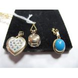 A Modern 9ct Gold Heart Shape Locket Pendant, on a chain, a turquoise pendant on 9ct gold chain, and