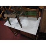 An Early XX Century Oak Marble Top Washstand, with a shaped back, grey marble top, twin panelled