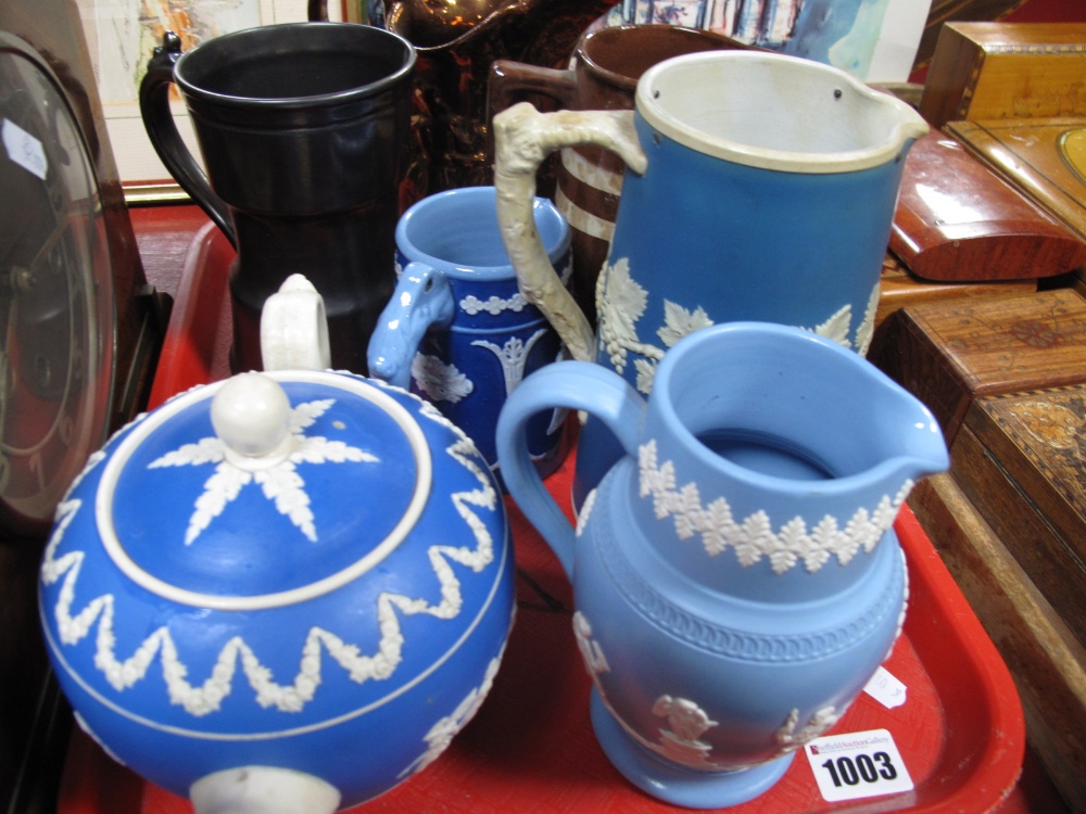 Copeland Jasper Teapot, three similar jugs, copper lustre and 1930's examples, Beswick tankards:-