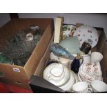 Glassware, oil lamp finials, Colclough 'Avon' teaware, other ceramics:- Two Boxes