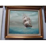 A Mid to Late XX Century Oil on Canvas, Clipper Ship at Sea, 39.5 x 4; Kenneth Grant yachting print,