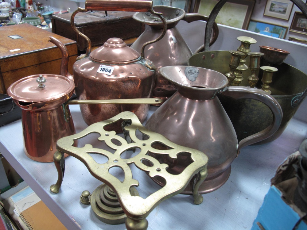 A Victorian Brass Jam Pan, circa XIX Century one gallon and half gallon copper jugs, copper