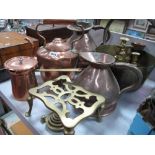 A Victorian Brass Jam Pan, circa XIX Century one gallon and half gallon copper jugs, copper