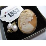 A 9ct Gold Oval Shell Carved Cameo Brooch, depicting female profile; together with a pair of