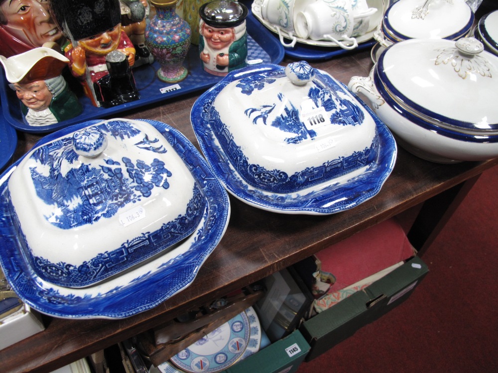 Tureens, including a pair of Willow pattern, two further Booths vessels and matching sauce boat:-