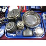 Silver Topped Tidy jar, EPBM Caddy, pewter flask, plated teapot, etc:- One Tray.