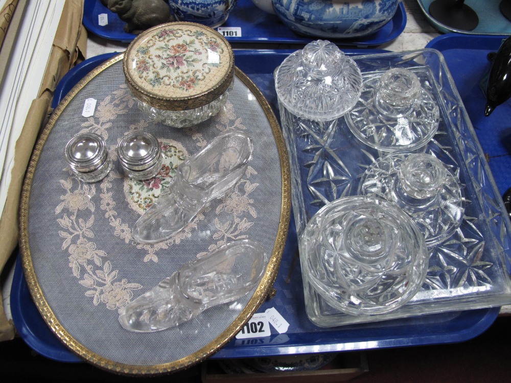 A Pair of Hallmarked Silver Lidded Pill Boxes, moulded glass part dressing table set, novelty