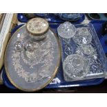 A Pair of Hallmarked Silver Lidded Pill Boxes, moulded glass part dressing table set, novelty