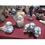 Royal Copenhagen Pottery Cat 3281, Spanish dog with ball, and three puppy group. (3)